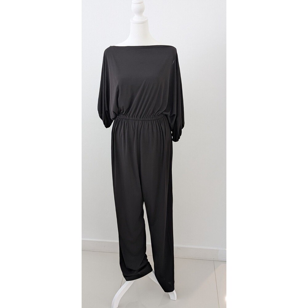 Kohkoh Jumpsuit Women L Black Boat-neck Dolman Sleeves Elastic Waist Wide Leg